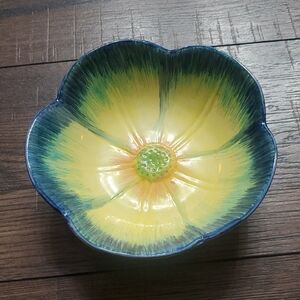 Handcrafted Yellow and Blue Ceramic Flower Bowl